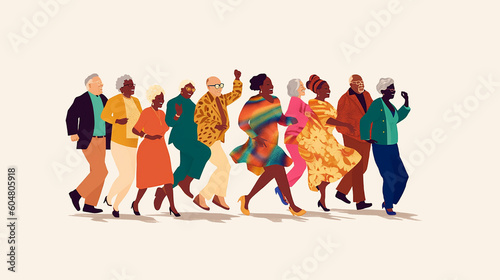 Group of happy elderly woman and man dancing together  friendship between people with different skin color  activity in a team  generative AI