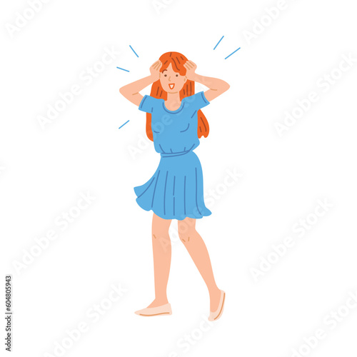 Surprised woman holds hands on head, flat vector illustration isolated on white background.