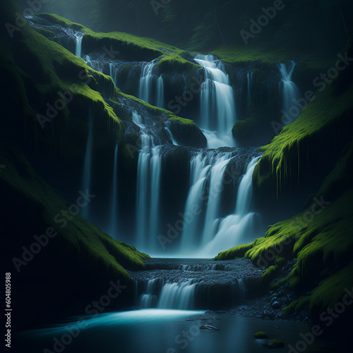 Canvas-taulu waterfall in the forest ,  layer swamp waterfalls with fireflys descending and b