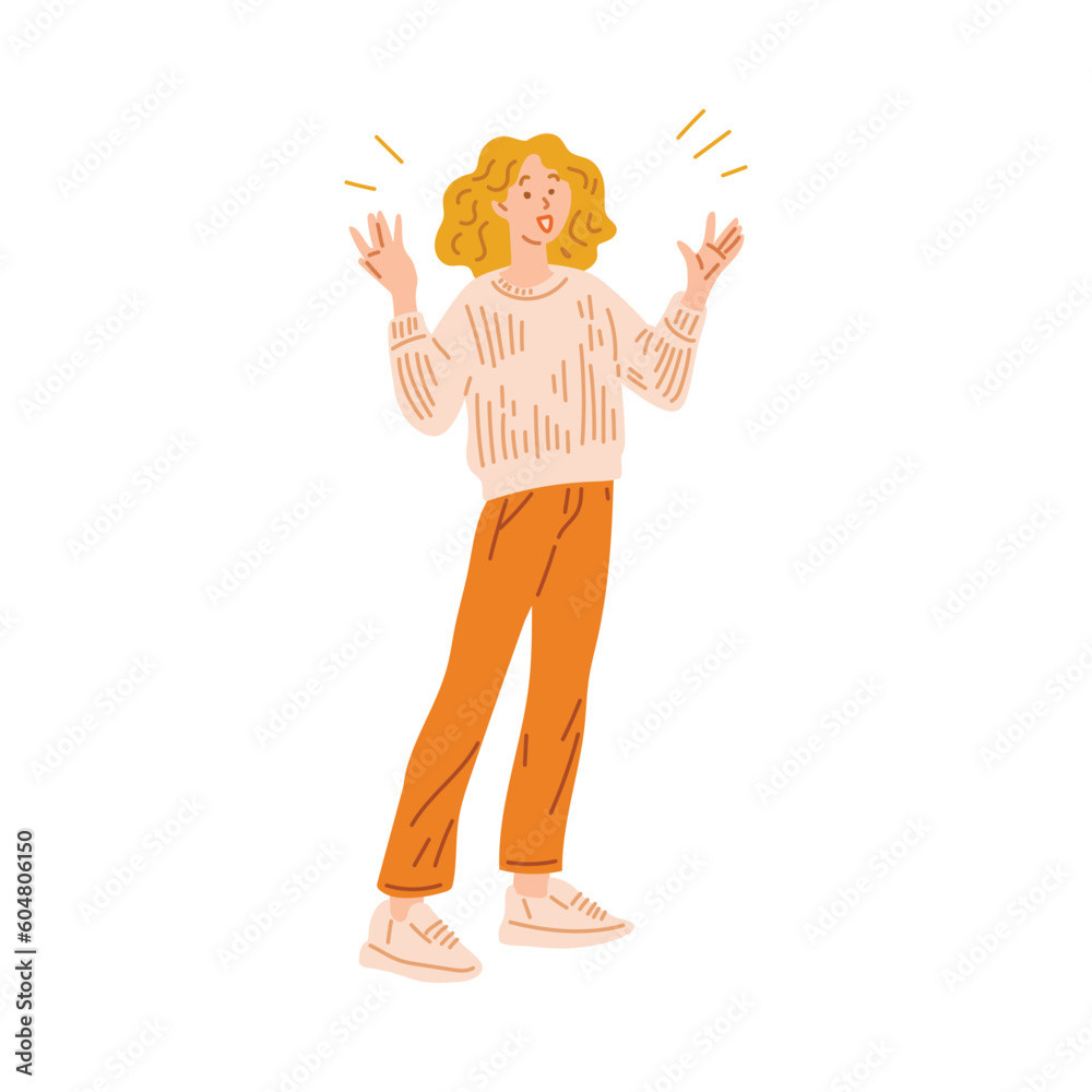 Surprised astonished young woman throws up her hands, flat vector illustration.