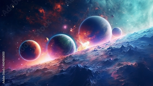 3d space background with fictional planets and nebu