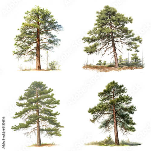 Realistic southern Pine Tree, 4 variations. AI generated. photo