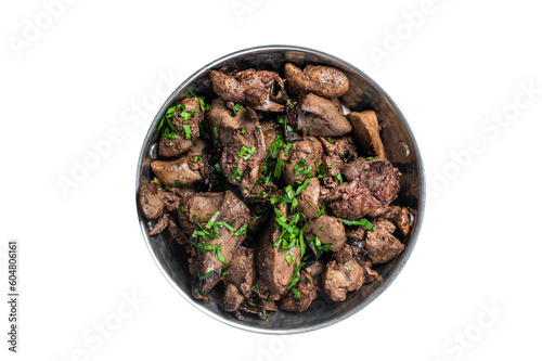 Chicken liver stew with onions and parsley in a skillet. Isolated, transparent background. © Vladimir
