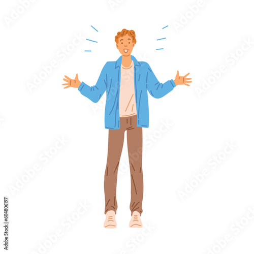 Cheerful surprised man full length image flat vector illustration isolated.