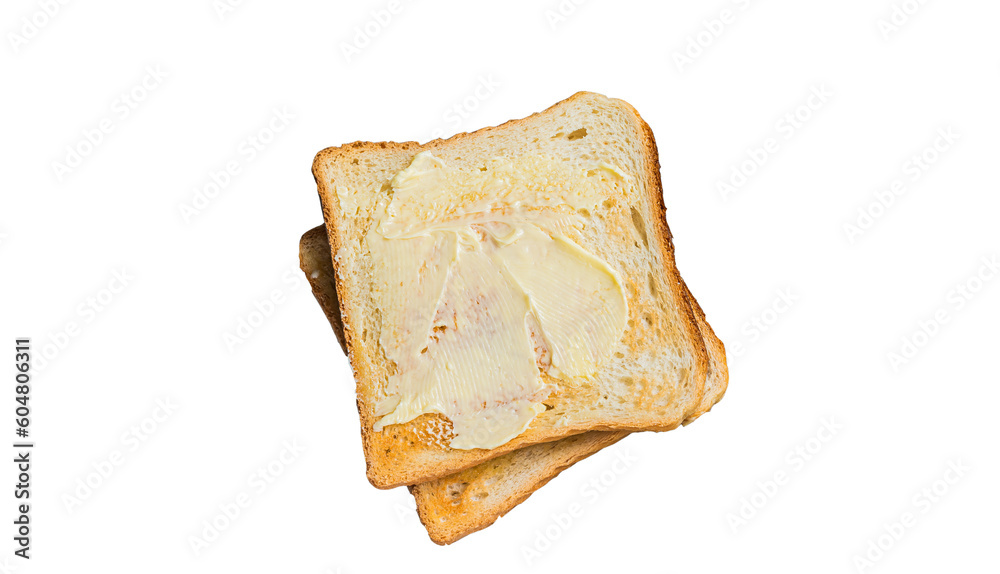 Slices of toast bread with butter on wooden board. Isolated, transparent background.