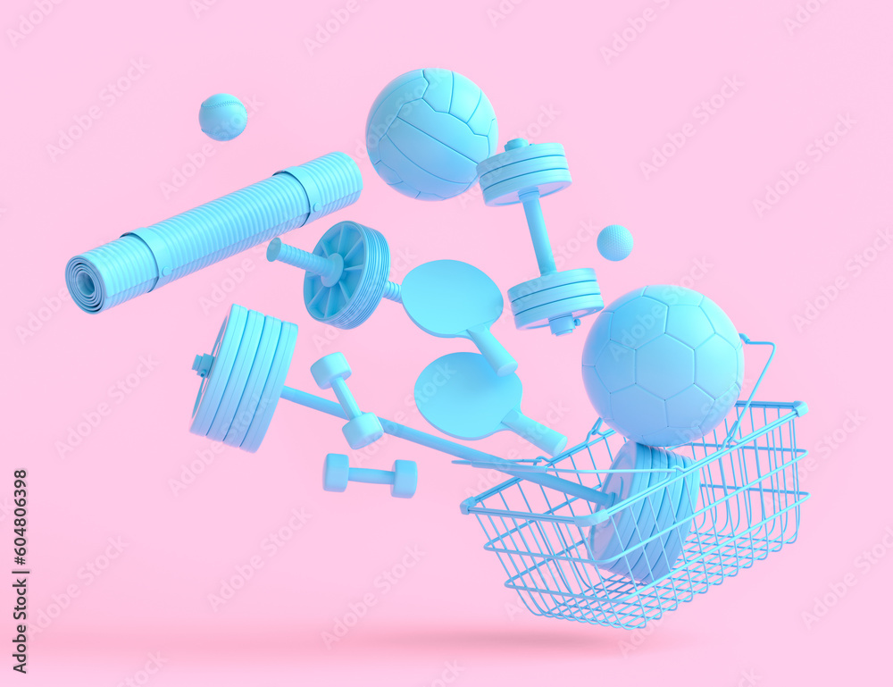 Sport equipment for fitness, gym in shopping basket on monochrome Sport equipment for fitness, gym in shopping basket on monochrome
