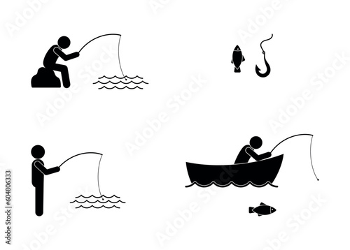 fishing icon set, stick figure people catch fish