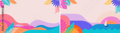 Colorful Geometric Summer Landscape Background, poster, banner. Summer time fun concept design promotion design