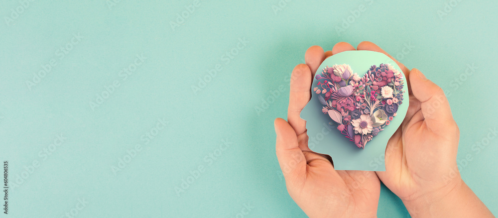 Brain with heart of flowers, love and passion, self esteem and mental health care concept, positive thinking, creative mind, generative AI for heart
 - obrazy, fototapety, plakaty 