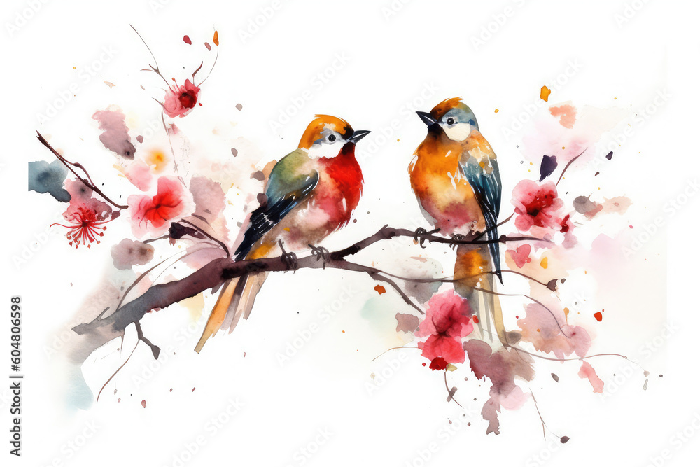 Colorful birds on stick blooming tree with flower in watercolor design artistic. Concept of painting technique isolated on white background in canvas, generative AI
