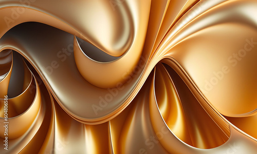 Abstract gold and brown glossy wallpaper. Shiny wavy texture with creamy details. Background with curvy shapes. Generative Ai
