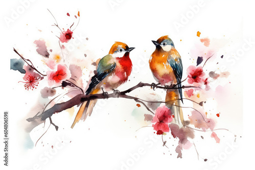 Colorful birds on stick blooming tree with flower in watercolor design artistic. Concept of painting technique isolated on white background in canvas, generative AI © Kien