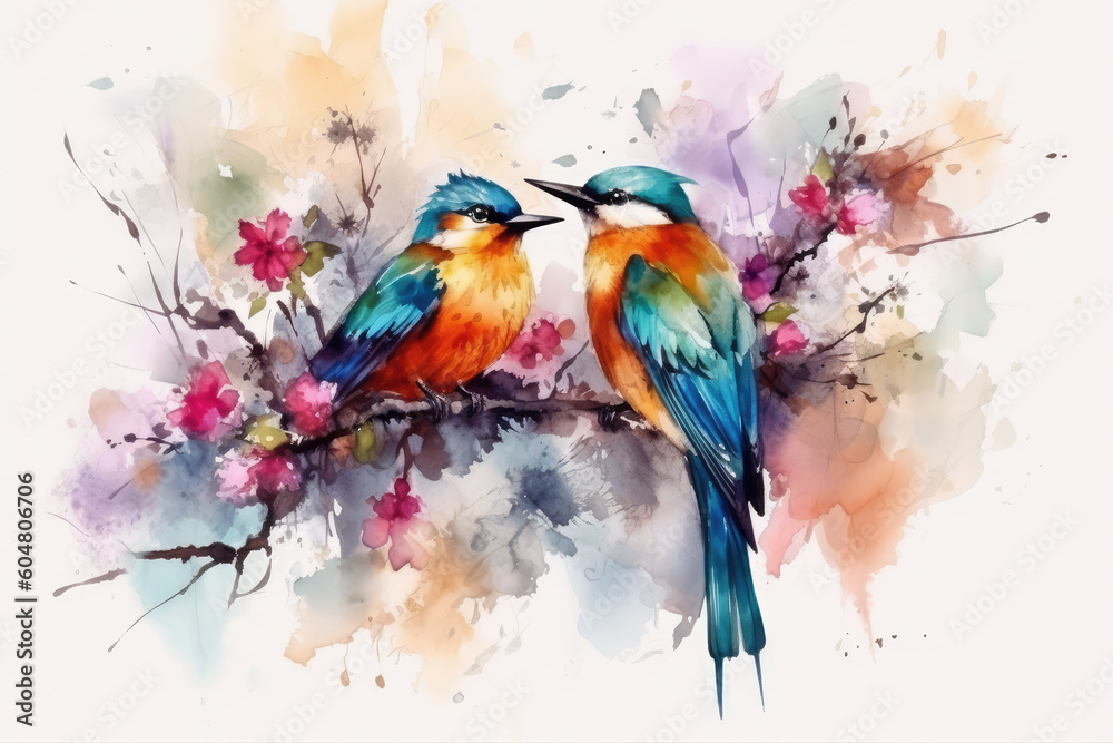 Colorful birds on stick blooming tree with flower in watercolor design artistic. Concept of painting technique isolated on white background in canvas, generative AI