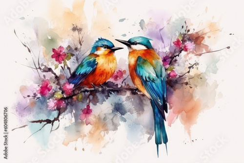 Colorful birds on stick blooming tree with flower in watercolor design artistic. Concept of painting technique isolated on white background in canvas  generative AI