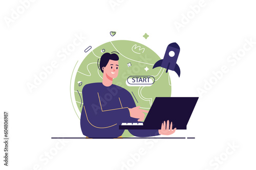 Creative startup concept with people scene in the flat cartoon design. A young guy launches his first creative startup on the Internet. Vector illustration.