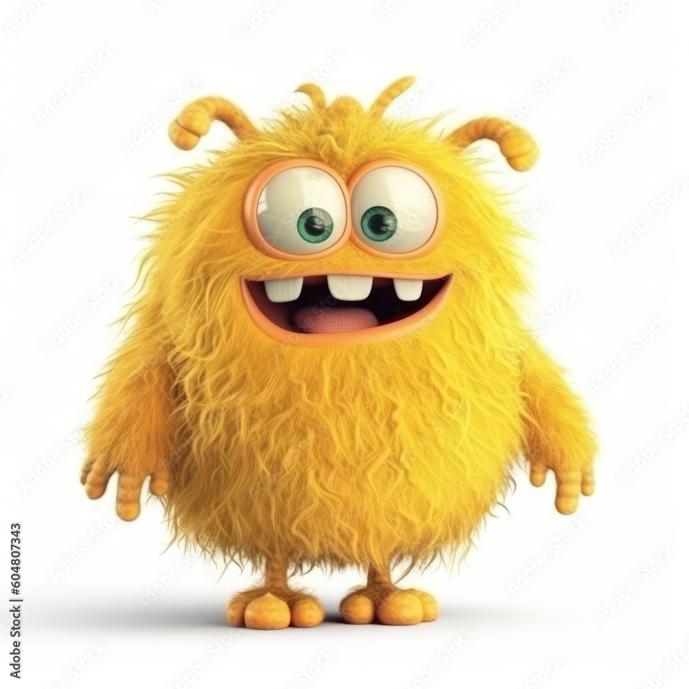 Funny yellow fluffy monster laughing isolate on white background . generative AI