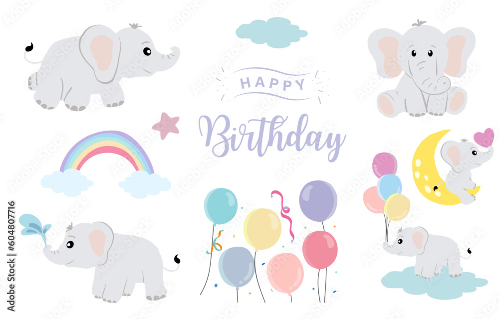 Fototapeta premium Baby elephant object with balloon, rainbow, moon for birthday postcard