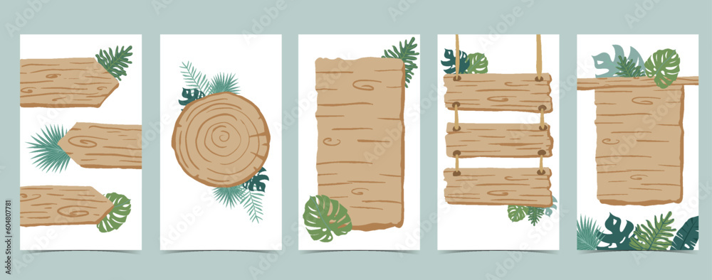 Naklejka premium Wood frame collection of safari background set.Editable vector illustration for birthday invitation,postcard and sticker