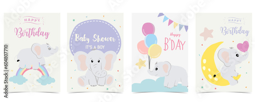 Baby elephant design with cloud, rainbow, moon for birthday postcard