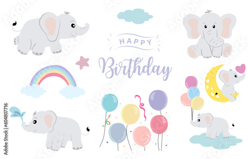 Baby elephant object with balloon, rainbow, moon for birthday postcard