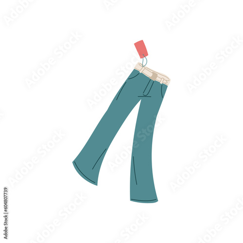 New fashion jeans from store with with tag flat vector illustration isolated.