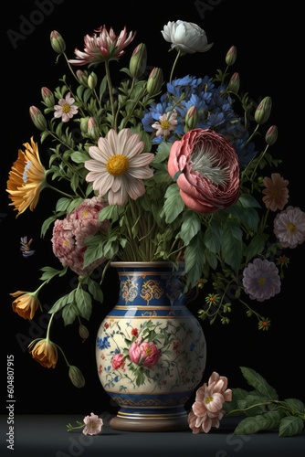 Flower Still Life Bouquet in Vintage Vase, Ancient Dutch Masters Imitation, Abstract Generative AI Illustration © artemstepanov
