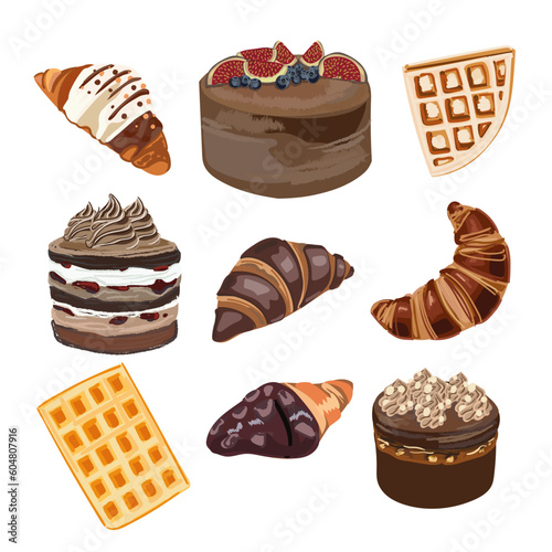 A set of cakes, croissants, and waffles. Design elements for the d cor menu, confectionery, website, etc. Vector illustration, Cartoon style.