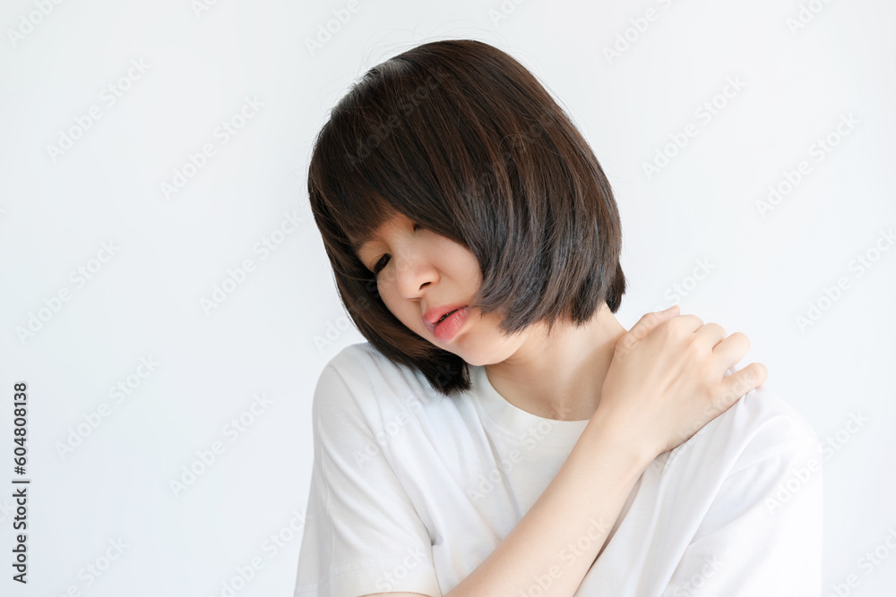 Woman showing pain in shoulder because of muscle inflammation. Woman showing pain in shoulder because of muscle inflammation.
