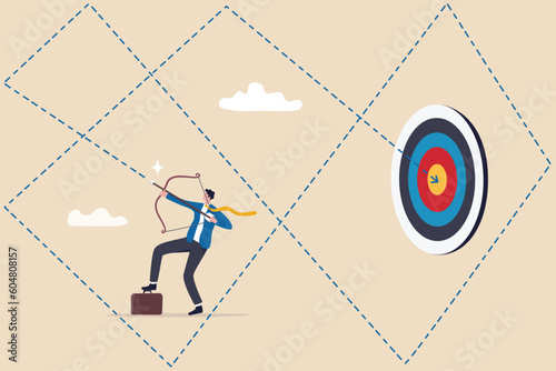 Brand strategy, tactic or planning to reach goal or achieve target, challenge or professional skill to win business competition, marketing target or objective concept, businessman plan to hit target.