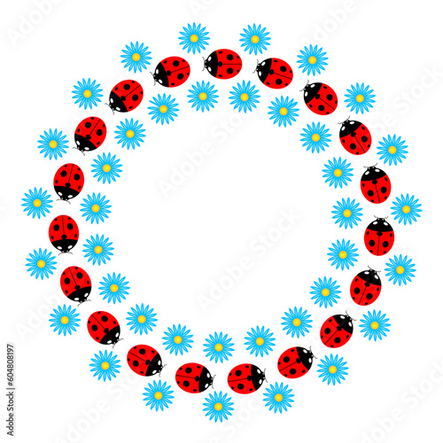 Round decorative summer frame with ladybugs and blue flowers design template.