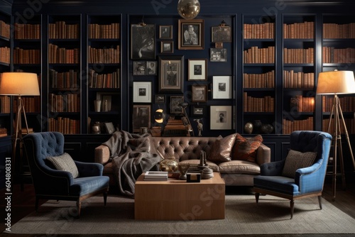 Contemporary Interior Design Background. Masculine Library. Generative AI.