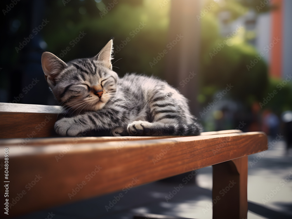 Little cute Cat sleeping on a bench in the garden of city park. Generative AI. Little cute Cat sleeping on a bench in the garden of city park. Generative AI.