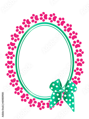 Oval decorative frame with pink paw prints animal and a green bow.