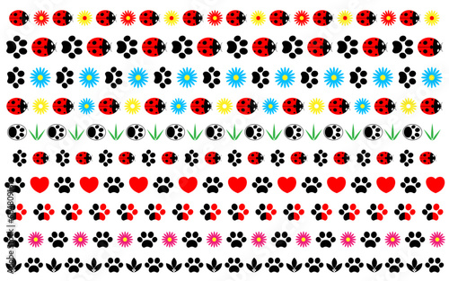 Set natural summery dividers borders with paw print animal ladybugs hearts flowers.