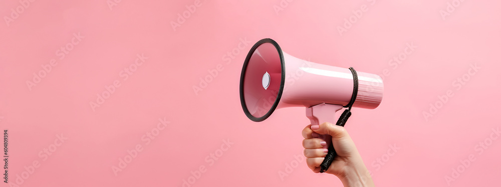 Hand holding pink megaphone on pink background.  Product and service promotion. Mobile communications. Attention and getting noticed. - obrazy, fototapety, plakaty 