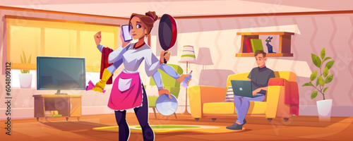 Busy woman housewife tired cartoon vector illustration. Wife cleaning house work with glove and cooking while man sitting with laptop in living room. Sad female super hero shiva holding pan and tool