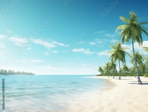 Tropical paradise beach with white sand and coco palms  Panoramic beach landscape. Empty tropical beach and seascape  AI Generated
