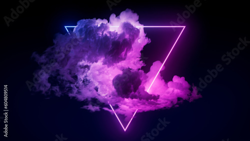 Cyberpunk Background Design. Cloud Formation with Pink and Blue, Triangle shaped Neon Frame.