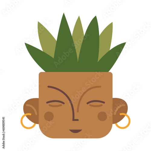 Haworthia, potted house plant, cartoon style. Succulent in a ceramic pot in the form of a head. Trendy modern vector illustration isolated on white background, hand drawn, flat design