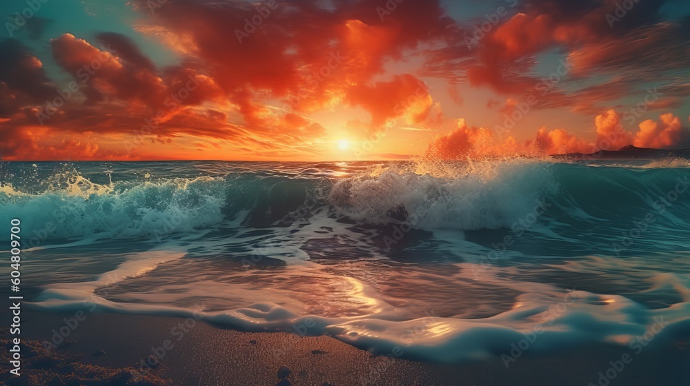 sea waves at sunset Generative AI