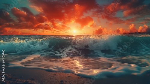 sea waves at sunset Generative AI