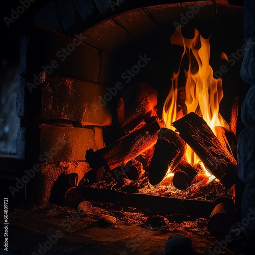 burning fire in the fireplace Generative AI