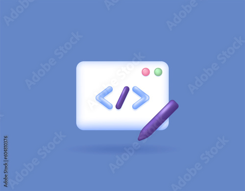Learn programming. Full stack developer bootcamp. Learn coding to create software and websites. symbols or icons. 3D concept design and realistic. vector elements. blue background