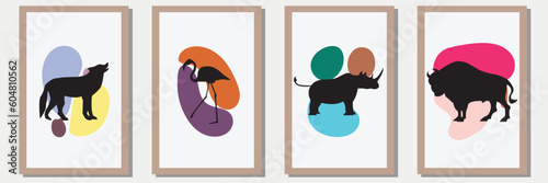 animal Silhouette vector set in frame with abstract shape , illustration