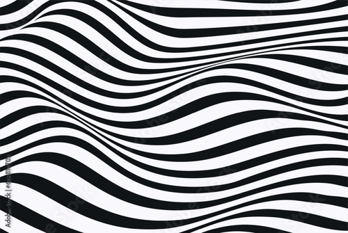 Wave of optical illusion. Abstract black and white illustrations. Horizontal lines stripes pattern or background with wavy distortion effect.