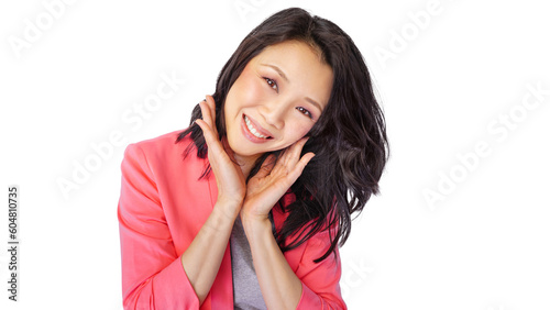 Beautiful Asian Woman, Close up on adult mother face with Smooth skin look at the camera on a free PNG background.
