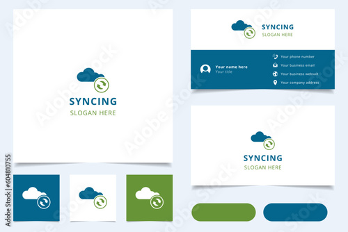 Syncing logo design with editable slogan. Branding book and business card template.
