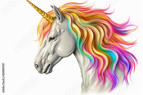 Unicorn Cartoon White Pony Horse Head With Colorful Hairs On Transparent Background. Generative Ai © najmah