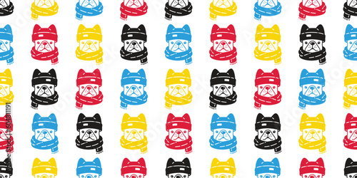 dog seamless pattern french bulldog knitting hat scarf christmas pet puppy doodle vector rgb color cartoon gift wrapping paper tile background repeat wallpaper scarf isolated illustration design