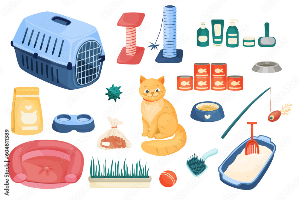 Cat and cat supply items set. Vector cartoon illustration.

